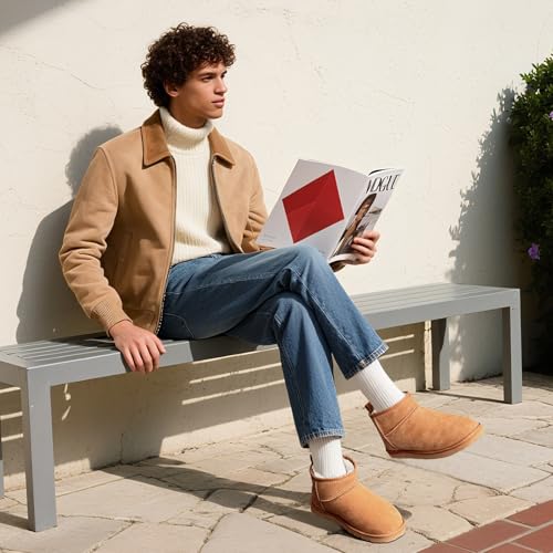 FIHCH Snow Boots for Men Genuine Suede Mens Winter Boots Outdoor Cozy Ankle Booties Faux Fur Lining Warm Fuzzy Footwear