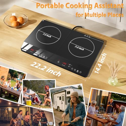 JollyOne Double Burner Induction Cooktop, 1800W Portable Induction Cooktop 2 Burner with 9 Temp & Power Independent Touch ...