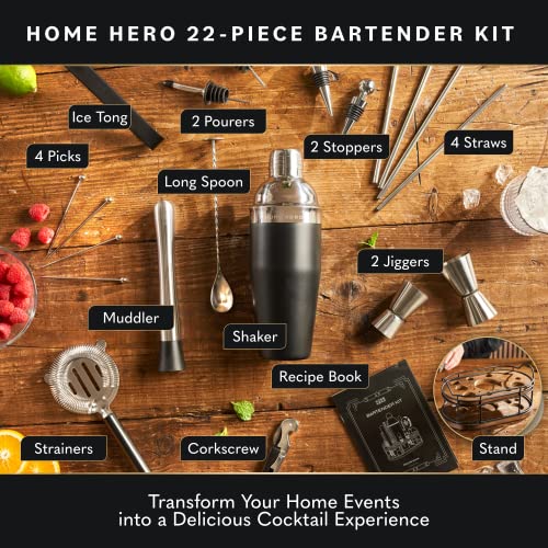 Home Hero Bartender Kit - 22-Piece Cocktail Shaker & Bar Tool Set - Wooden Stand Display & Bar Cart Accessories - Recipe B...
