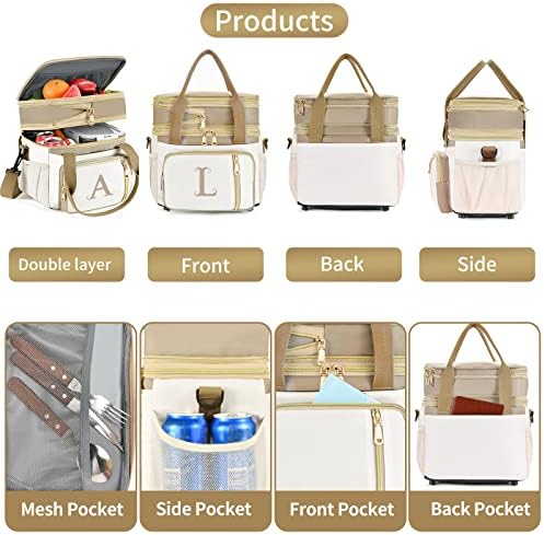 LOKASS Personalized Lunch Bag for Women Work, 16L Initial Insulated Lunch box for Adult/Womens Gift, Leakproof Personalized Gift Lunchbag with Adjustable Shoulder Strap, Cooler Bag Beige - T