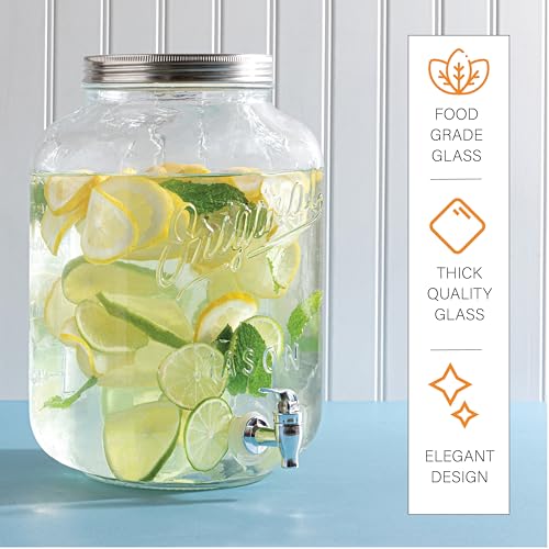 2 GALLON Glass Drink Dispensers for Parties, Original Mason Ice Beverage Dispensers, Glass Water Dispenser with Spigot, La...