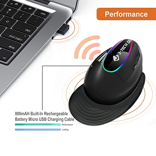 J-Tech Digital Ergonomic Mouse with Wireless Connection, Removable Palm Rest, Thumb Buttons, Rechargeable Battery, 800 DP...