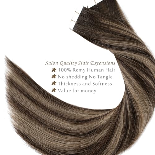 Lacer Human Hair Extensions Tape In Rooted Dark Brown To Chestnut Brown Highlight 16inch 100G Tape Ins Human Hair Extensions Seamless Skin Weft Hair Extension Tape In 100% Remy Human Hair 40pcs
