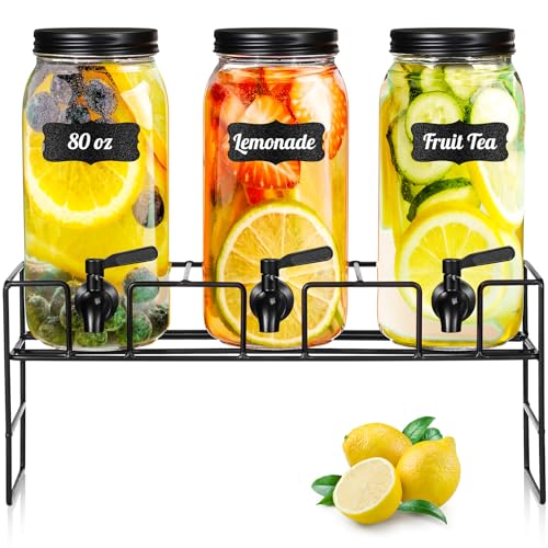 RimCereal 3 Pack 80 oz Glass Beverage Dispenser with Stand Clear Mason Jar Water Dispenser for Party, Fridge Includes Leak...