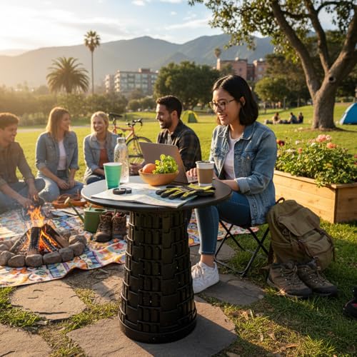 graxie Upgraded Collapsible Stool with Table Top, Portable Telescopic Seat, Folding Stool for Camping Gardening Fishing Hi...