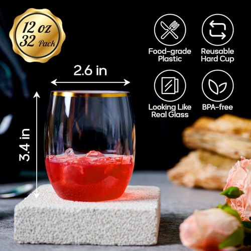 FOCUSLINE 32 Pack 12 OZ Plastic Wine Glasses, Stemless Disposable Wine Cups, Gold Rim Unbreakable Wine Glasses, Reusable S...