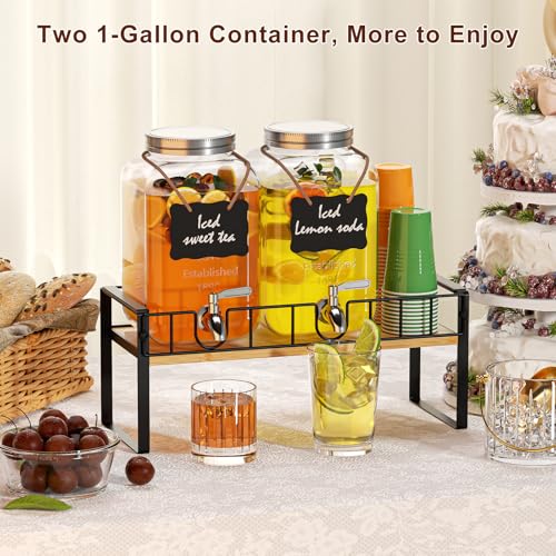Zuyachuza 2-pack 1 Gallon Drink Dispenser,Glass Beverage Dispenser with Spigot,Lemonade dispenser Bamboo Stand for Outsid...