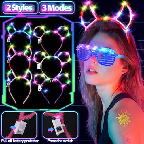 130PCS Glow in the Dark Party Supplies for Kids Adults, Light Up Party Favors with LED Glasses, Headbands, Finger Lights, ...