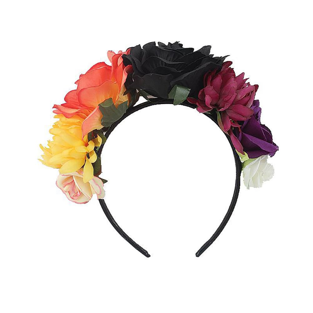 Lofruiin Women's Bohemian Rose Flower Crown Mexican Day of The Dead Headband Halloween Party Costume Headpiece (Orange Black, Fr