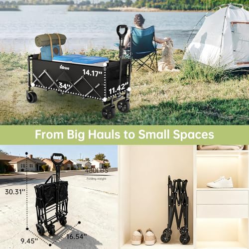 InBrave Extra Long Collapsible Wagon Cart, 480LBS Heavy Duty Utility Wagons with All-Terrain Wheels, Foldable Grocery Cart...
