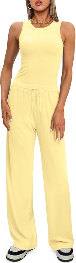 Darong Women's 2 Piece Outfits Lounge Sets Sleeveless Tank Tops Wide Leg Pants Sets Tracksuits Match Sets