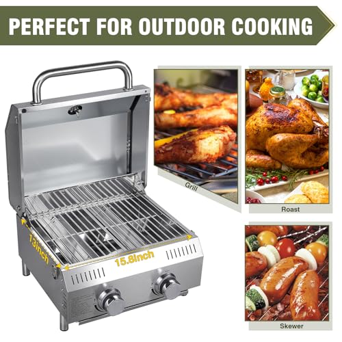 Bestfire Tabletop Gas Grill 2 Burners, 20,000 BTUs Stainless Steel Portable Propane Grill with Legs for Outdoor Patio Back...