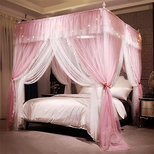 VETHIN 4 Corners Post Ruffle Princess Bed Canopy Curtain-Double Layer Cozy Drape Netting 4 Opening Mosquito Net for Girls ...