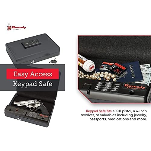 Hornady Handgun Vault Safe with Keypad Entry ? Secure Your Firearms and Valuables ? 4-6 Keypad Entry, Interior Light and Backup Keys ? Black, 12 (H) x 8.3 (W) x 2.6 (D) Inches ? Item 95432
