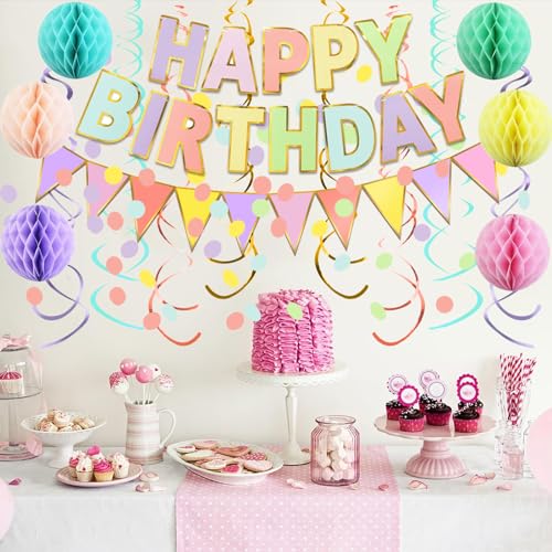 Fecedy Macaron Superlarge Alphabet Happy Birthday Banner Colorful Flag Bunting Circle Confetti Garland Swirl Streamers Hon...
