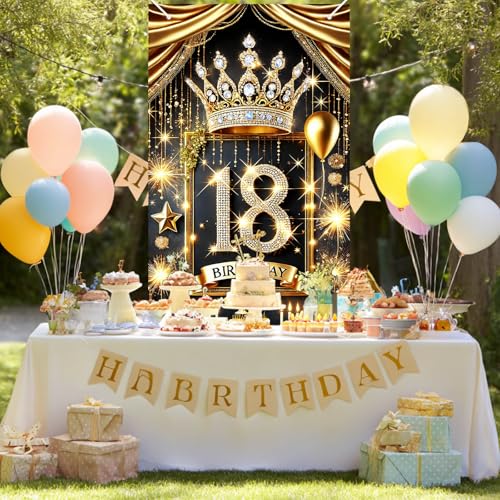 HOMETITUTE 18th Birthday Door Cover 71x35 Inch Royal Gold Birthday Banner for Party Decorations Crown Cake Gift Backdrop S...