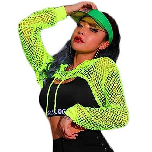 Avidlove Mesh Crop Top Hoodie Rave Tops For Women Long Sleeve Fishnet Shirt for Festival Club Party