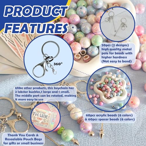 LEIOSAGN 180pcs Silver DIY Beadable Keychains Making Kit with 120pcs 16mm Acrylic Beads and Spacer Beads, 20 Blank Beadabl...