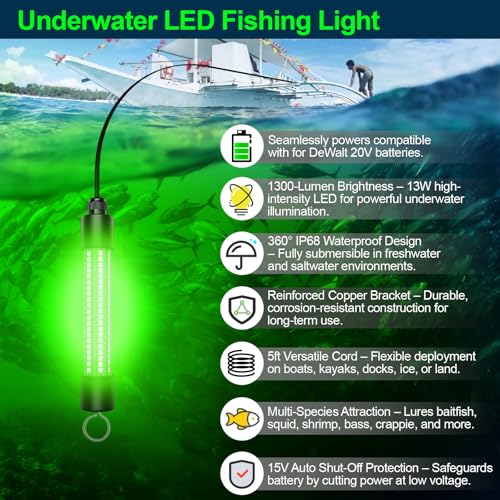 LED Underwater Fishing Light Compatible with for DeWalt 20V Battery（Battery Not Included）, 1300 Lumens, IP68 Waterproof Su...