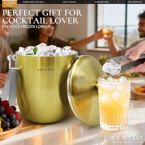 LRYYBTI Ice Buckets for Parties with Lid,Tongs and Strainer (3L/Gold) Double Wall Stainless Steel Ice Bucket Keeps Frozen ...