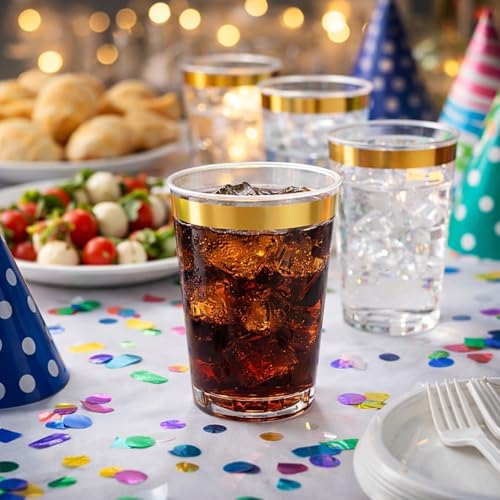 BLUESKY Elegant Gold Rim Plastic Tumblers - 8oz Crystal Clear Plastic Cups (50 Count) Disposable Clear Cups For Wine & Col...