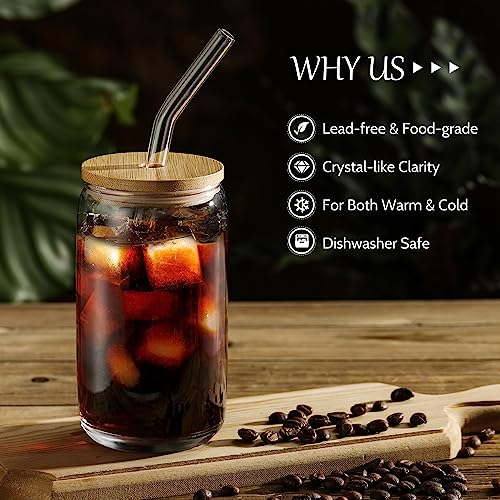 [ 12pcs Set ] Glass Cups with Bamboo Lids and Glass Straw - Beer Shaped Drinking Glasses, 16 oz Iced Coffee Glasses, Cute ...
