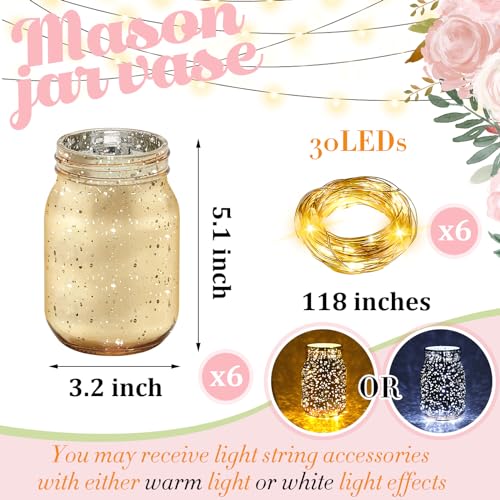 Layhit 6 Pcs Painted Mason Jars Colored Painted Mason Jars Centerpiece for Table with 6 Pcs 9.84 ft 30 LED Operated Fairy ...