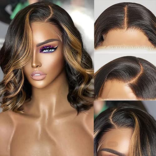 Glueless Short Body Wave Lace Front Wigs Human Hair with Blonde Highlight Pre Plucked 13X4 HD Transaprent Lace Wigs Side Part Medium Part Frontal Bob Wig For Women (12inch, Blonde Highlight)