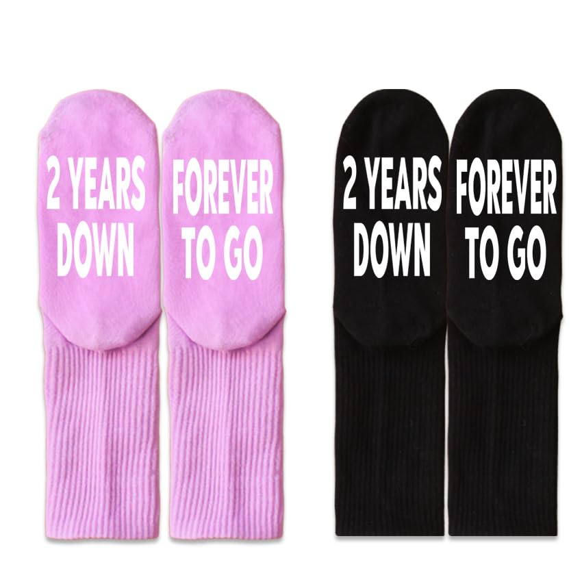 2 Years Anniversary, 2 Years Down Forever To Go Socks, Happy Anniversary, 2nd Anniversary, Valentine’s Day, Congratulation Gifts For Couple, Wife And Husband, His And Hers Gifts, Two Pairs.(007)