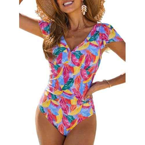 Dokotoo Women's One Piece Swimsuits with Cover up Wrap Skirt Tummy Control V-Neck 2 Piece Padded Bathing Suits