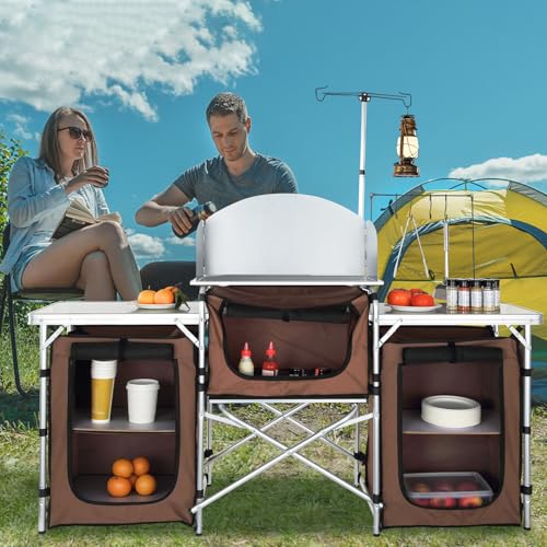 VEVOR Camping Kitchen Table, Folding Outdoor Cooking Table with Storage Carrying Bag, Aluminum Cook Station 3 Cupboard & D...