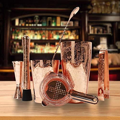 SKY FISH Bartender Kit Cocktail Shaker Set-6 Pieces Stainless Steel Copper Plated Etching Bar Tools with Boston Shaker Tin...