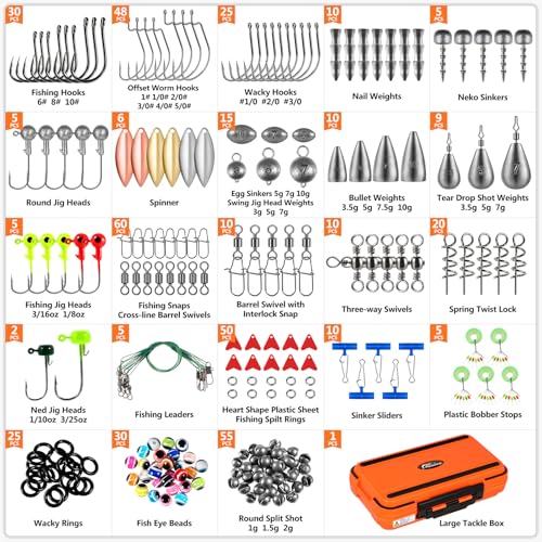 PLUSINNO 449pcs Fishing Gear Accessories Kit, Fishing Tackle Box with Tackle Included, Fishing Hooks, Fishing Weights Sink...