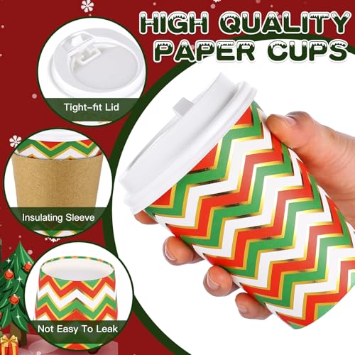 300 Pcs/100 Sets Christmas Coffee Cups with Lids and Sleeves 12 oz Disposable Christmas Paper Cups Party Drinking Cups for...