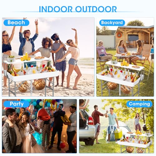 HLPB 4 FT Party Ice Cooler Folding Table with Folding Board, Outdoor ice Table with Skirt & Drain & Folded Buckets & Barbe...