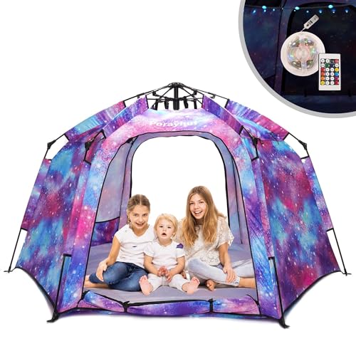 Portable Hexagon Kids Play Tent with LED Strip Lights Indoor Children Play House Easy Set-up Space Large Dream Tent for Ni...