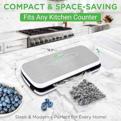 NutriChef Automatic Food Vacuum Sealer, Electric Air Sealing Preserver System for Dry and Moist Foods, LED Control, Strong Suction, Includes Bags, Wine Stopper Cork, and Air Suction Hose, 14¡±x6¡±x3¡±