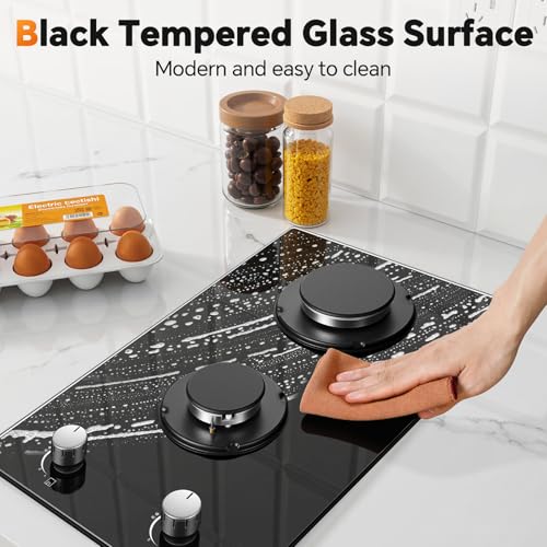 Gas Stove 2 Burner, Propane Cooktop 12 Inch, Built-in Gas Cooktop Black Tempered Glass Stove Top with Thermocouple Protect...