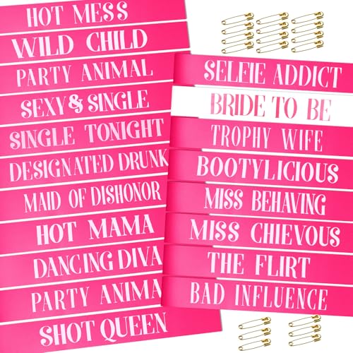 KICOSY 18PCS Hot Pink Bachelorette Party Sashes- Funny & Bold Bridal Party Sashes, Bride to Be & Bridesmaid Gifts for Brid...