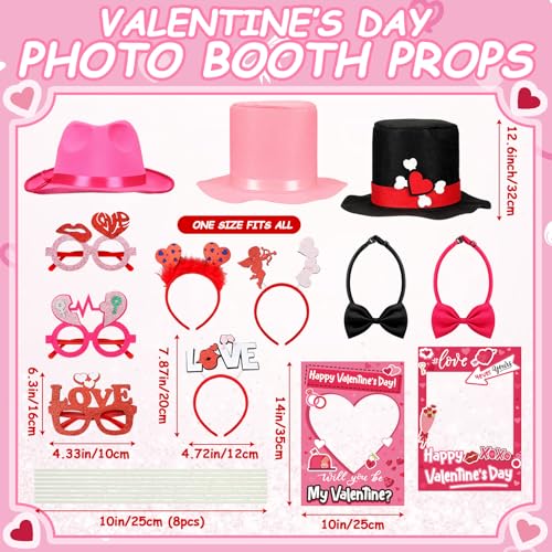 Suncalla 34 Pcs Valentine's Day Photo Booth Props Kit Red Pink Celebrate Valentine Day Photo Props Funny Hat Glasses Headb...