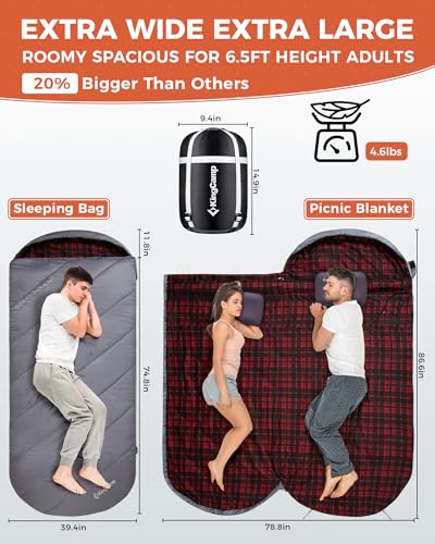 KingCamp Sleeping Bag for Adults, Cold Weather & Warm Extra Wide Big & Tall XL Portable Waterproof Flannel Sleeping Bags, ...