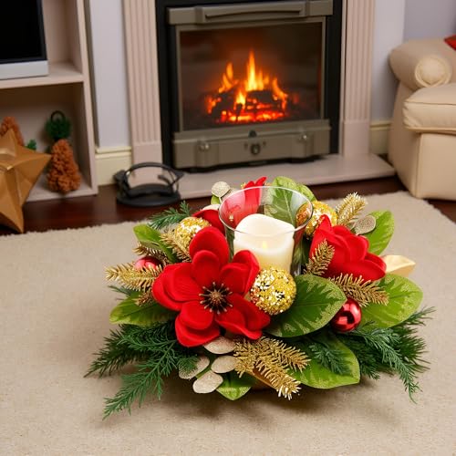 18" Centerpiece with Flameless LED Candle Holder, Design with Red Artificial Magnolia, Gold Baubles & Spruce Branches for ...
