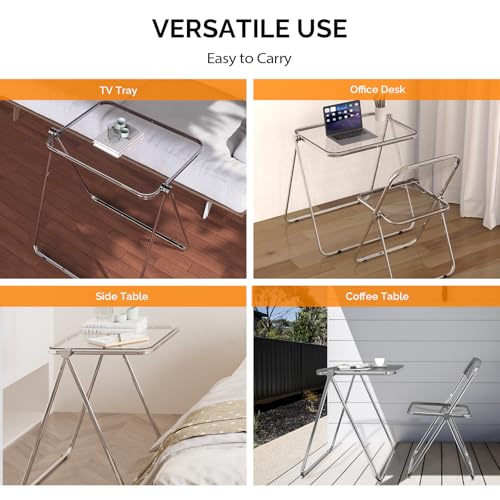 VINGLI Folding Acrylic Table and Chair Set Small TV Tray for Snack Dinner on Couch, Tiny Foldable Desk Writing Desk for Ho...