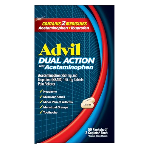 Advil Dual Action Coated Caplets with Acetaminophen, 250 Mg Ibuprofen and 500 Mg Acetaminophen Per Dose (2 Dose Equivalent) for 8 Hour Pain Relief - 2 Count x 50