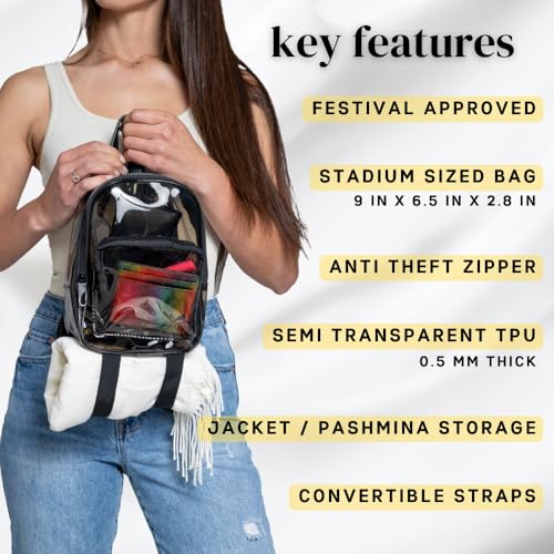 OTW Anti-Theft Black Clear Transparent Small Mini Backpack Convertible Straps Crossbody for Raves Stadium Festival Concert...