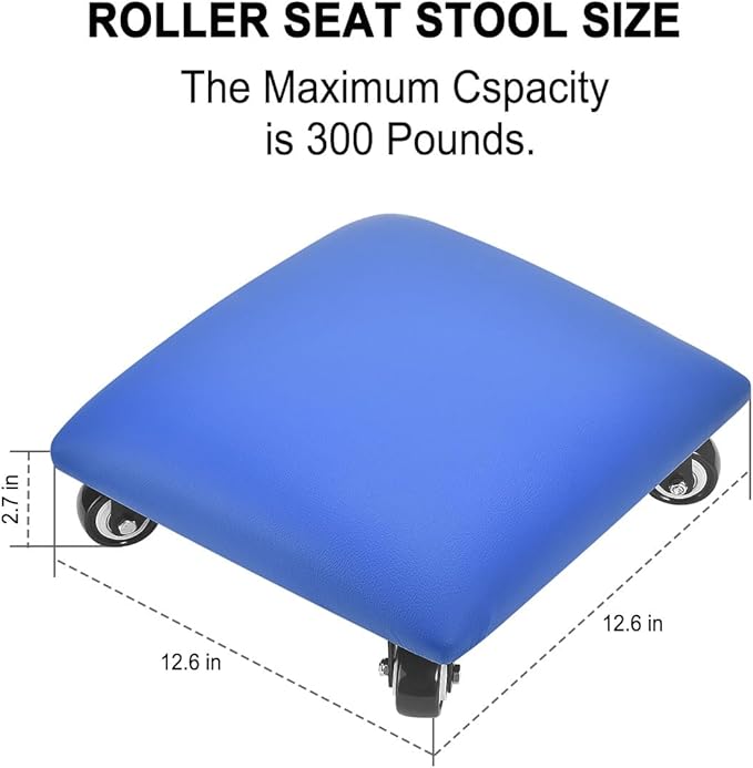 FLOLXNB Low Height Rolling Stool Low Roller Seat PU Leather Square Roller Seat Stool Low Rolling Chair for Home Office Fitness Garage (Blue)