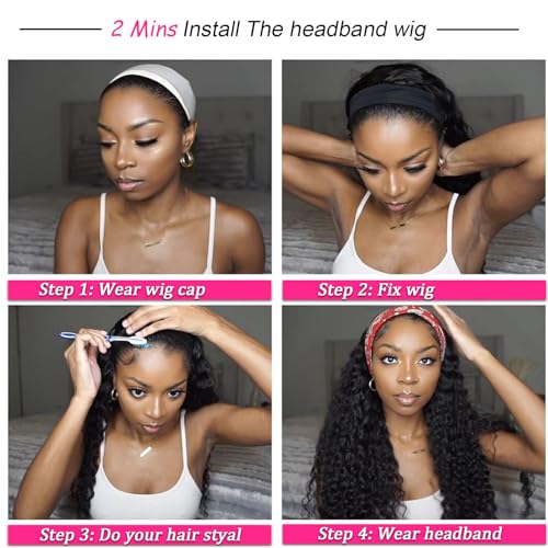 SENSAIRUITE Headband Wig Human Hair 24 Inch Deep Wave Headband Wigs for Black Women 180% Density Wear and Go Glueless Curly Wig Natural Color