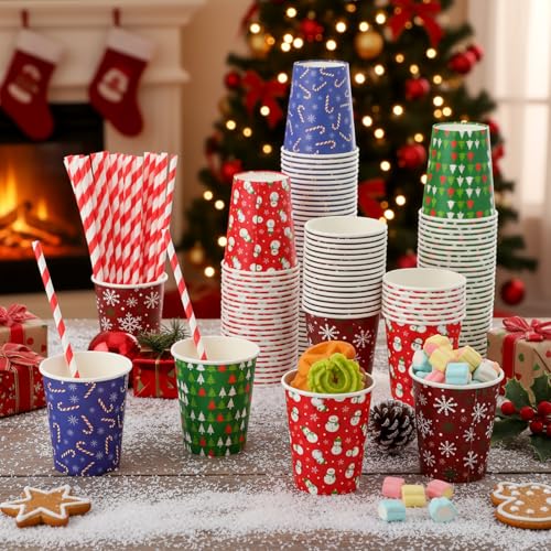 FoldTier 120 Set 9 oz Christmas Hot Cocoa Paper Cups Bulk Disposable Paper Coffee Tea Cups with Straws Christmas Hot Choco...