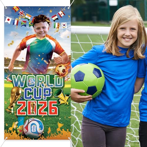 2026 World Cup Photo Banner 71x35 Inches 2026 Soccer Player Cutout Backdrop with Face Hole for World Cup Soccer Party Deco...