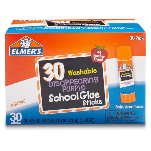 Elmer's Disappearing Purple School Glue Sticks, Washable, 7 Grams, 30 Count - Poster, Vision Board, Back to School, Bulk P...